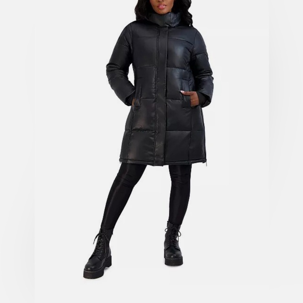 Steve Madden Faux-Leather Black Puffer Quilted Coat